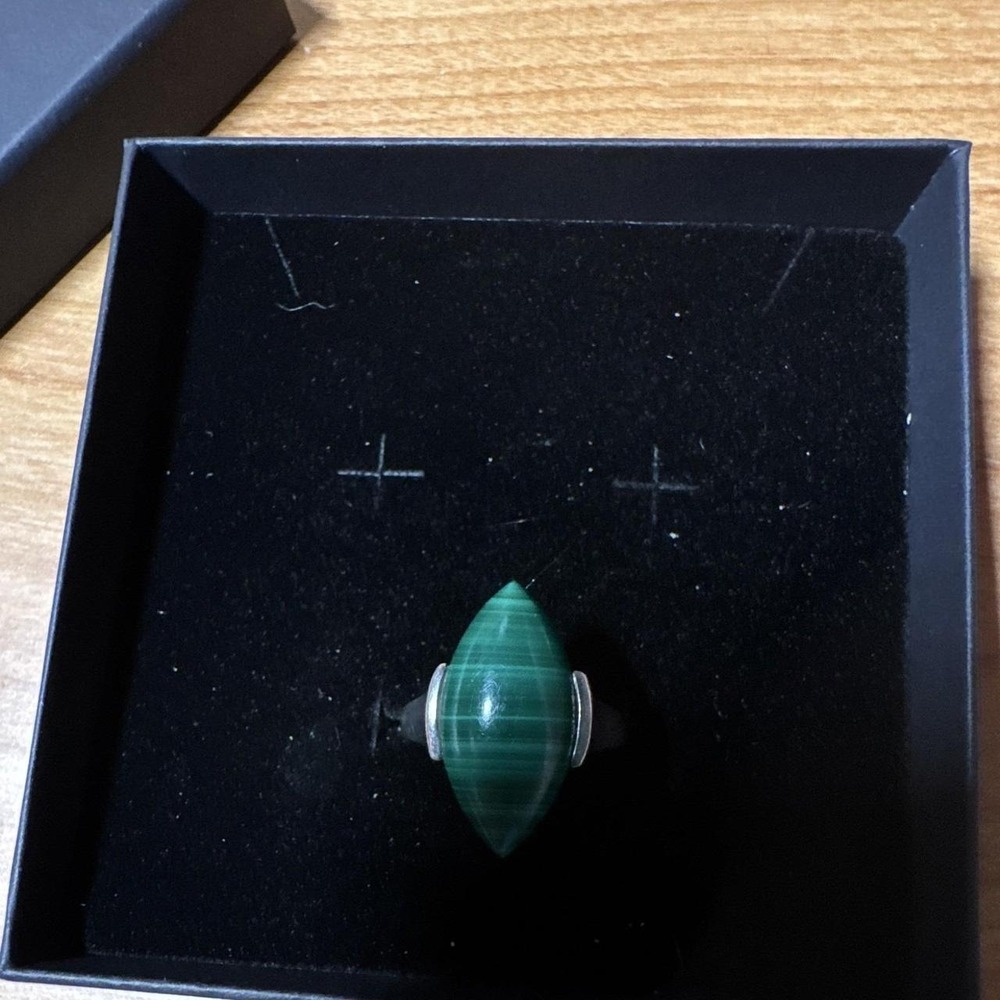 Silver Tone Cocktail Ring Marquise Green Malachite Bezel Set Size 9